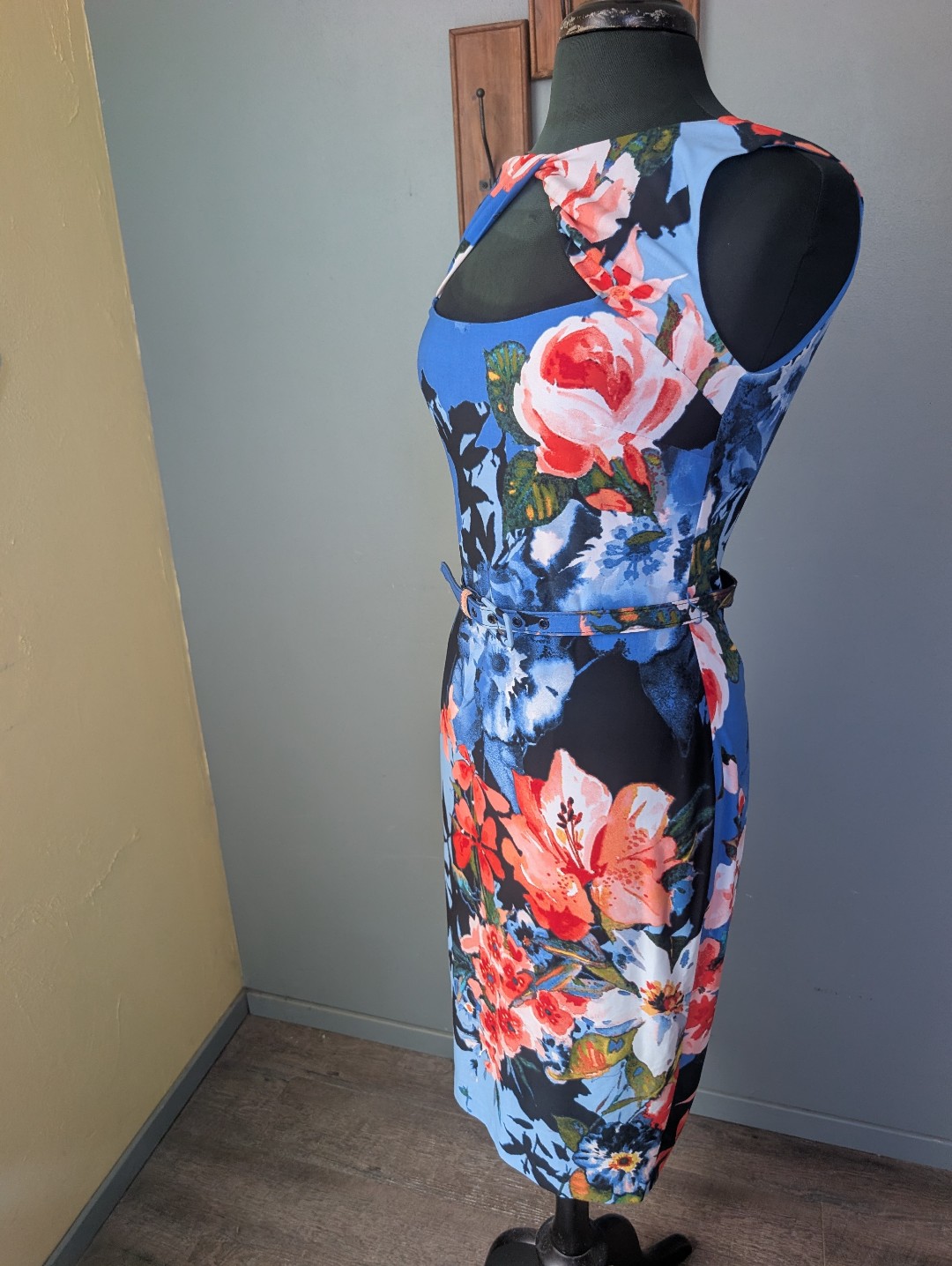 Cach Floral Cutout Sheath Dress In Blue And Coral